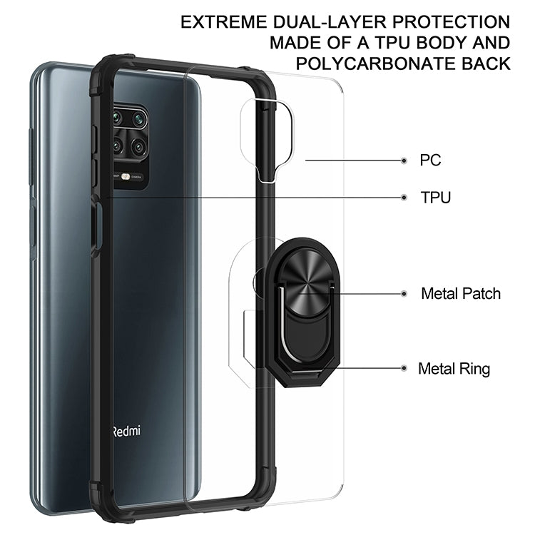 For Xiaomi Redmi Note 9 Pro Shockproof Transparent TPU + Acrylic Protective Case with Ring Holder