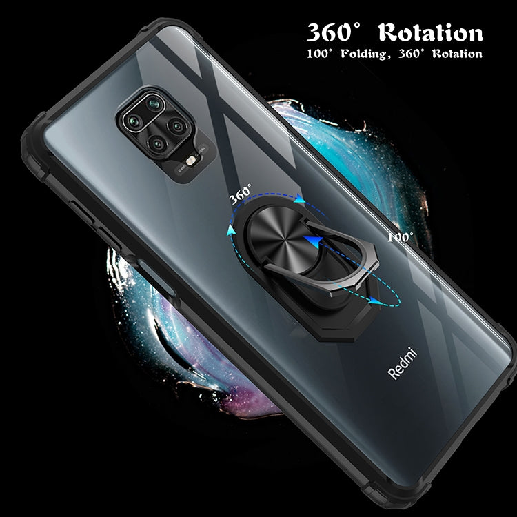 For Xiaomi Redmi Note 9 Pro Shockproof Transparent TPU + Acrylic Protective Case with Ring Holder
