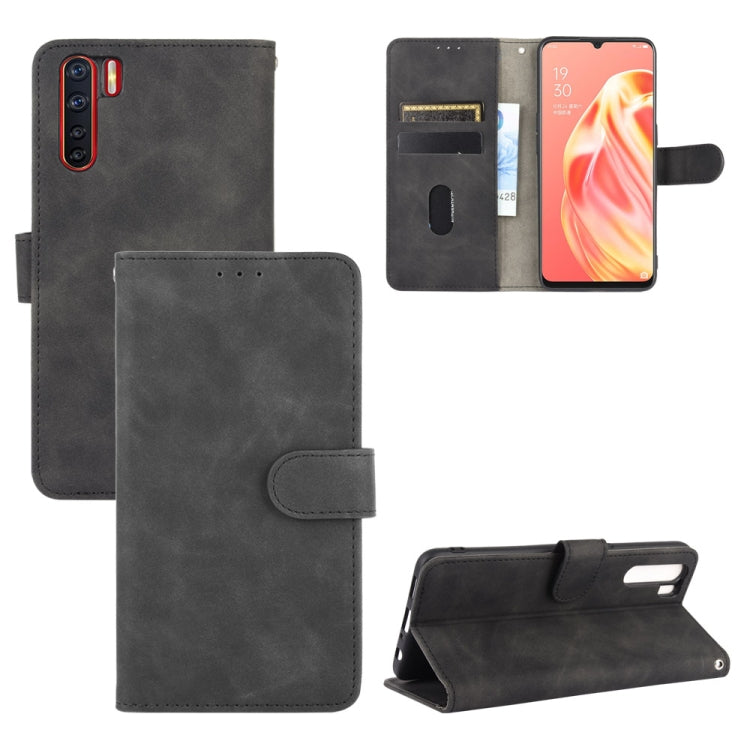 For OPPO A91 / F15 / Reno3(Southeast Asia Version) Solid Color Skin Feel Magnetic Buckle Horizontal Flip Calf Texture PU Leather Case with Holder & Card Slots & Wallet