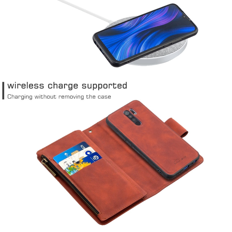 For Xiaomi Redmi 9 Skin Feel Detachable Magnetic Zipper Horizontal Flip PU Leather Case with Multi-Card Slots & Holder & Wallet & Photo Frame & Lanyard