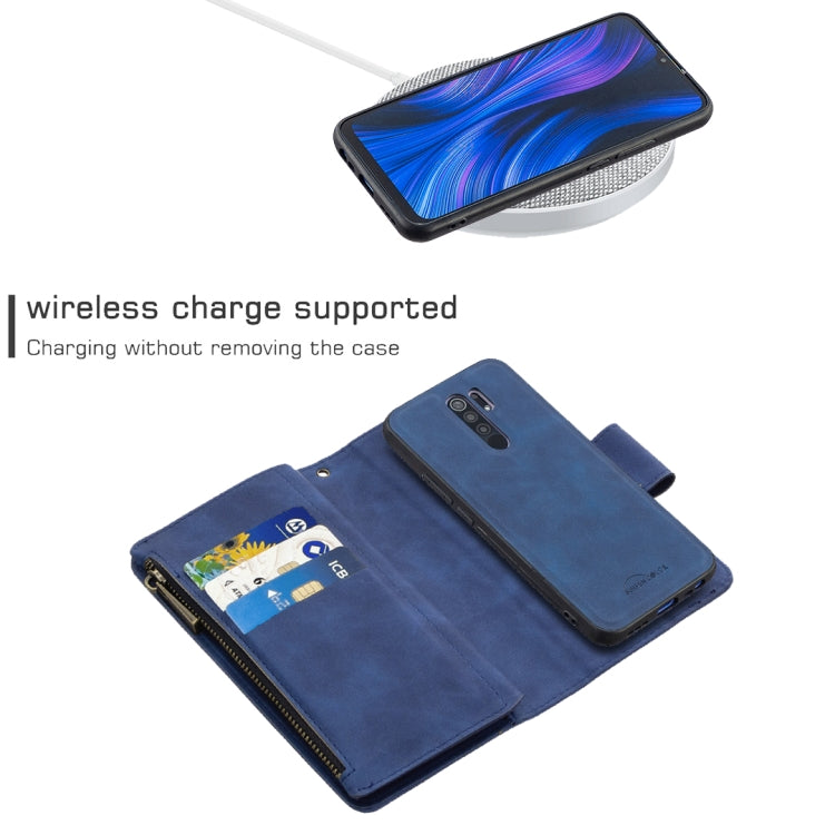 For Xiaomi Redmi 9 Skin Feel Detachable Magnetic Zipper Horizontal Flip PU Leather Case with Multi-Card Slots & Holder & Wallet & Photo Frame & Lanyard