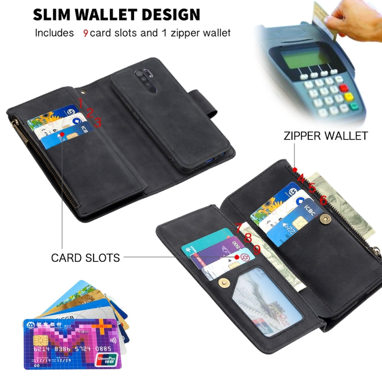 For Xiaomi Redmi 9 Skin Feel Detachable Magnetic Zipper Horizontal Flip PU Leather Case with Multi-Card Slots & Holder & Wallet & Photo Frame & Lanyard