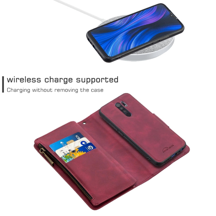For Xiaomi Redmi 9 Skin Feel Detachable Magnetic Zipper Horizontal Flip PU Leather Case with Multi-Card Slots & Holder & Wallet & Photo Frame & Lanyard