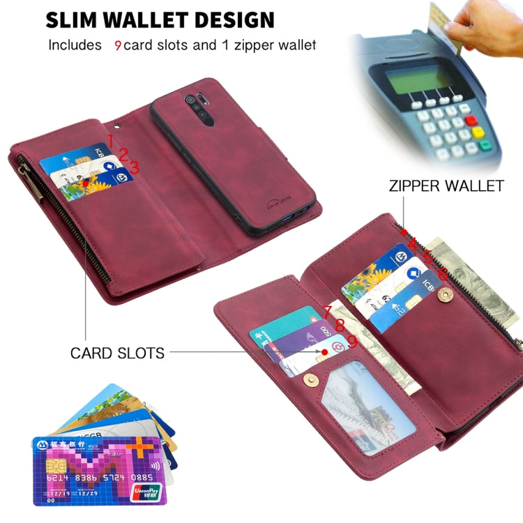 For Xiaomi Redmi 9 Skin Feel Detachable Magnetic Zipper Horizontal Flip PU Leather Case with Multi-Card Slots & Holder & Wallet & Photo Frame & Lanyard