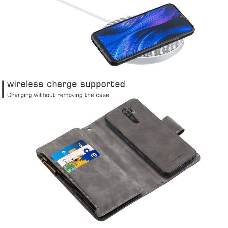 For Xiaomi Redmi 9 Skin Feel Detachable Magnetic Zipper Horizontal Flip PU Leather Case with Multi-Card Slots & Holder & Wallet & Photo Frame & Lanyard