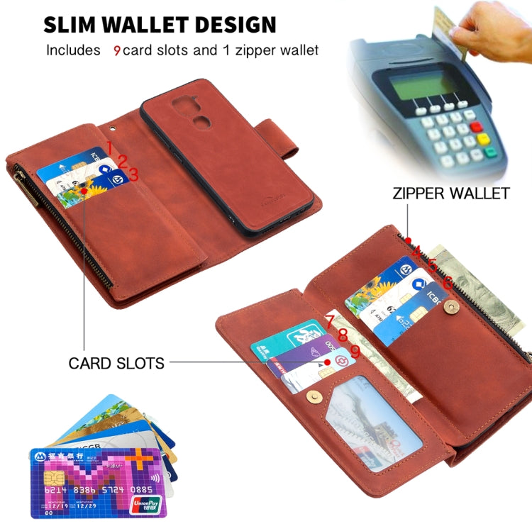 For Xiaomi Redmi Note 9 Skin Feel Detachable Magnetic Zipper Horizontal Flip PU Leather Case with Multi-Card Slots & Holder & Wallet & Photo Frame & Lanyard