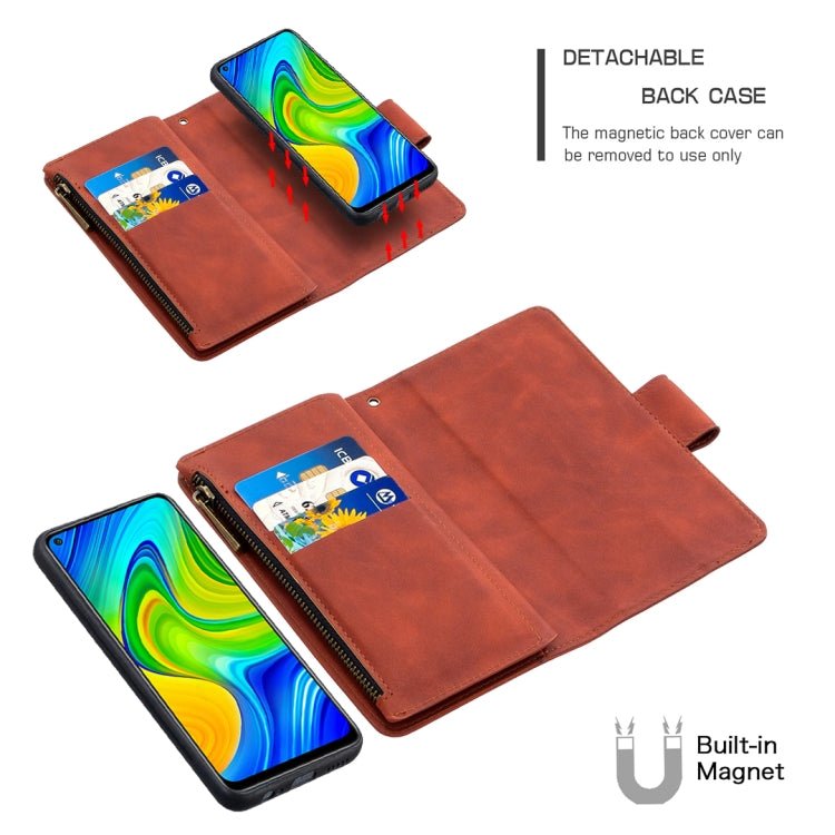 For Xiaomi Redmi Note 9 Skin Feel Detachable Magnetic Zipper Horizontal Flip PU Leather Case with Multi-Card Slots & Holder & Wallet & Photo Frame & Lanyard