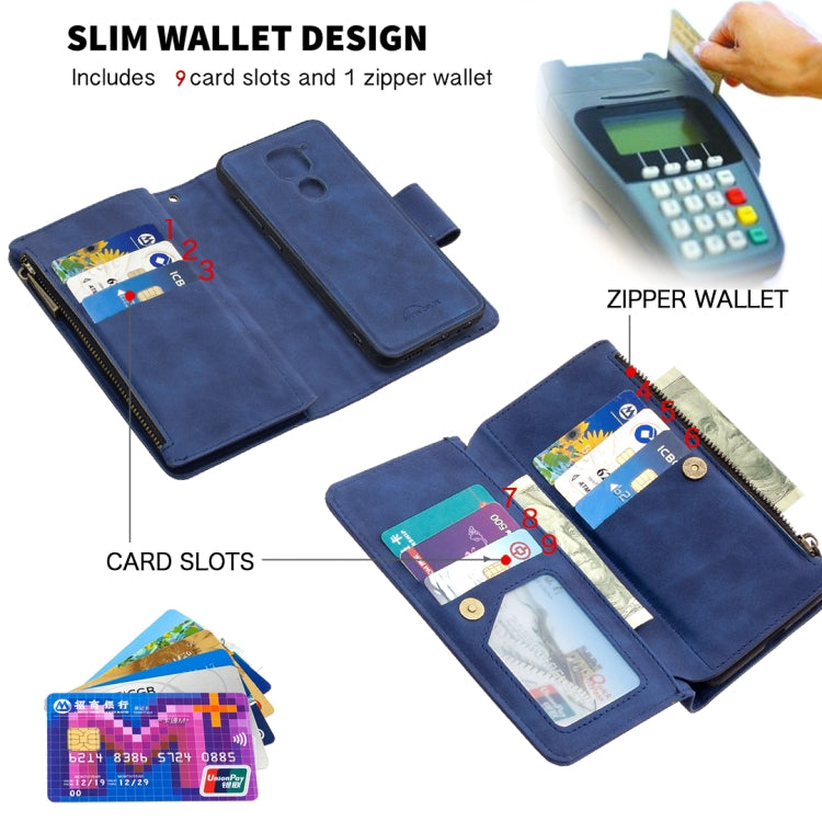 For Xiaomi Redmi Note 9 Skin Feel Detachable Magnetic Zipper Horizontal Flip PU Leather Case with Multi-Card Slots & Holder & Wallet & Photo Frame & Lanyard