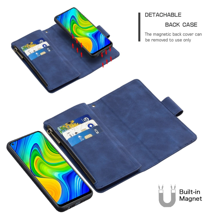 For Xiaomi Redmi Note 9 Skin Feel Detachable Magnetic Zipper Horizontal Flip PU Leather Case with Multi-Card Slots & Holder & Wallet & Photo Frame & Lanyard