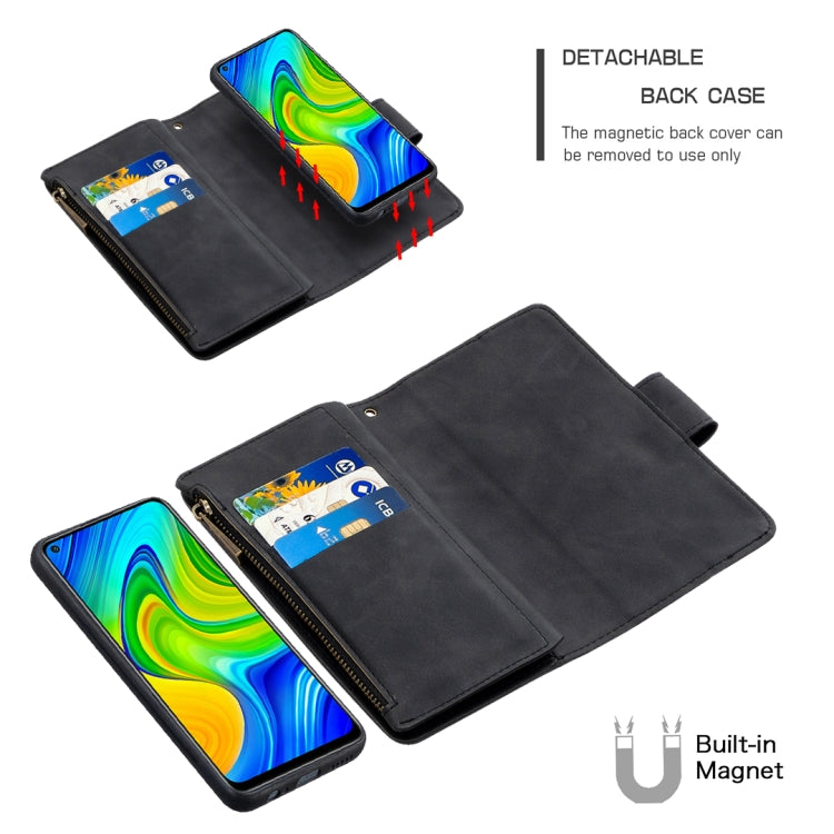 For Xiaomi Redmi Note 9 Skin Feel Detachable Magnetic Zipper Horizontal Flip PU Leather Case with Multi-Card Slots & Holder & Wallet & Photo Frame & Lanyard