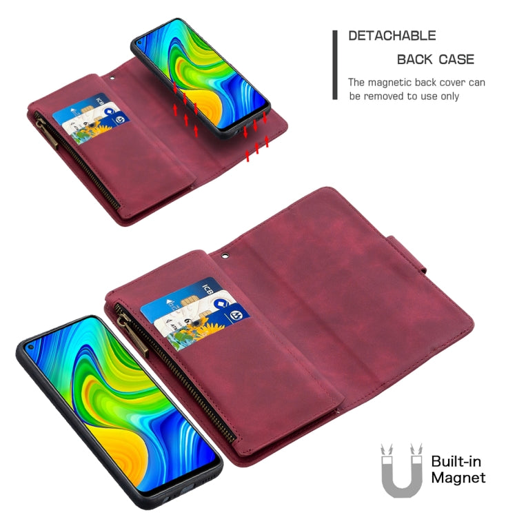 For Xiaomi Redmi Note 9 Skin Feel Detachable Magnetic Zipper Horizontal Flip PU Leather Case with Multi-Card Slots & Holder & Wallet & Photo Frame & Lanyard
