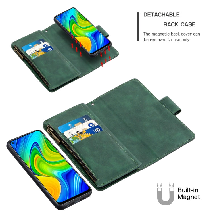 For Xiaomi Redmi Note 9 Skin Feel Detachable Magnetic Zipper Horizontal Flip PU Leather Case with Multi-Card Slots & Holder & Wallet & Photo Frame & Lanyard