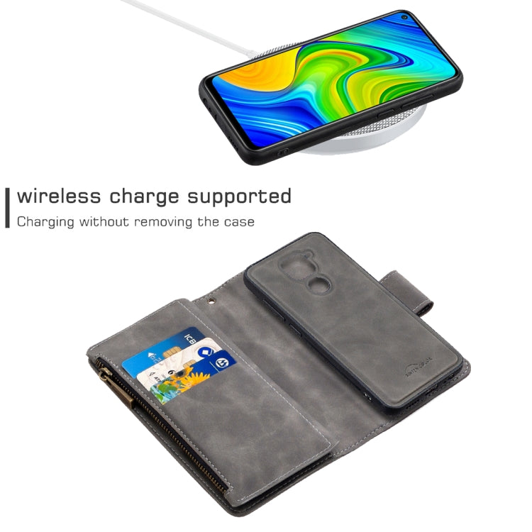 For Xiaomi Redmi Note 9 Skin Feel Detachable Magnetic Zipper Horizontal Flip PU Leather Case with Multi-Card Slots & Holder & Wallet & Photo Frame & Lanyard