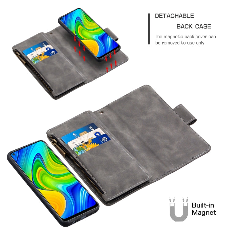 For Xiaomi Redmi Note 9 Skin Feel Detachable Magnetic Zipper Horizontal Flip PU Leather Case with Multi-Card Slots & Holder & Wallet & Photo Frame & Lanyard