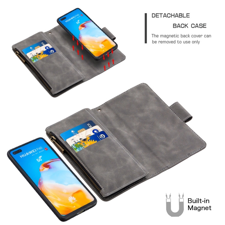 For Huawei P40 Skin Feel Detachable Magnetic Zipper Horizontal Flip PU Leather Case with Multi-Card Slots & Holder & Wallet & Photo Frame & Lanyard