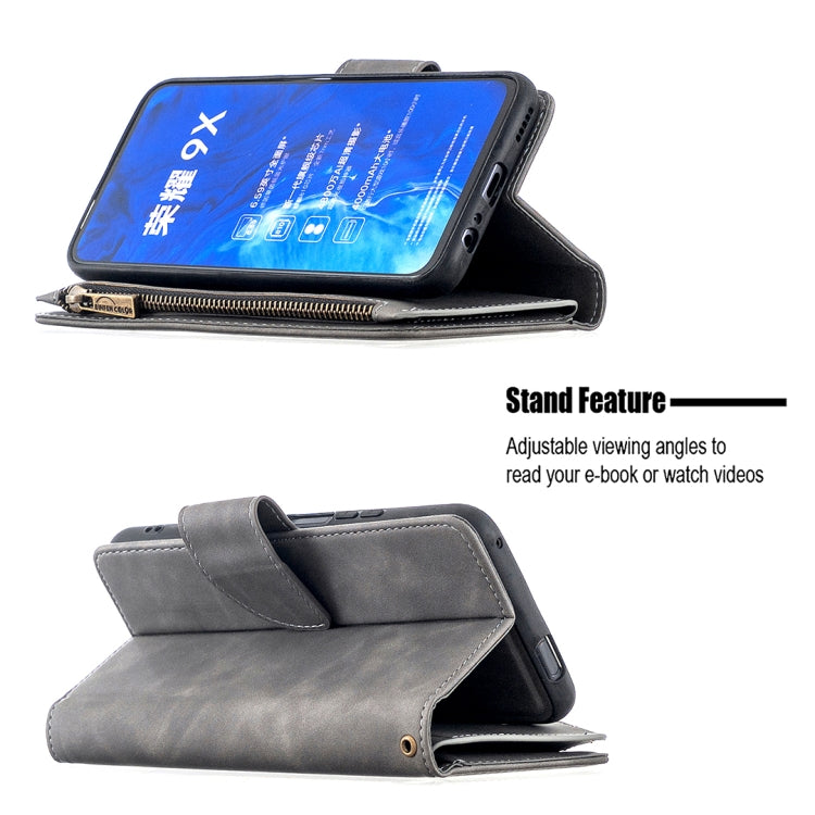 For Huawei Honor 9X Skin Feel Detachable Magnetic Zipper Horizontal Flip PU Leather Case with Multi-Card Slots & Holder & Wallet & Photo Frame & Lanyard