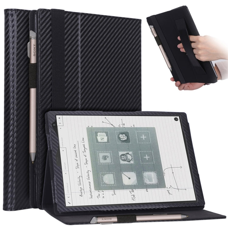 For Sony DPT-CP1 10.3 inch (2018) Carbon Fiber Texture PU Horizontal Flip Leather Case with Holder & Pen Slot & Hand Strap