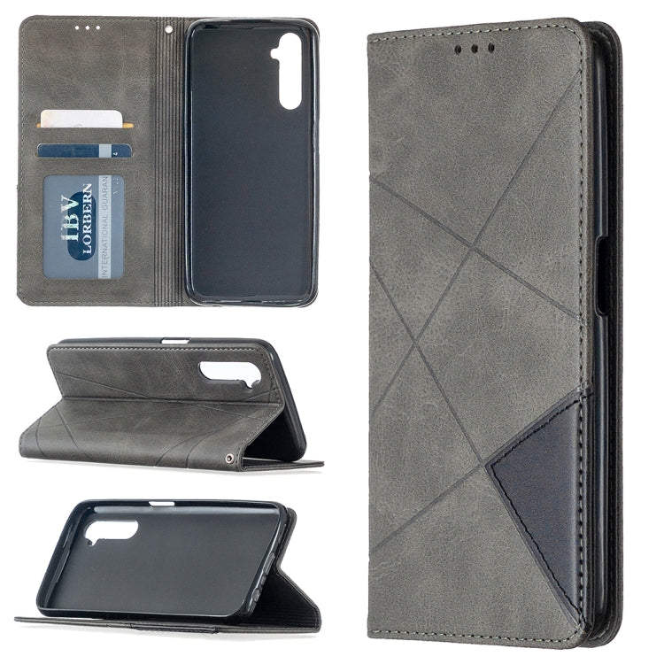 For OPPO Realme 6 Rhombus Texture Horizontal Flip Magnetic Leather Case with Holder & Card Slots