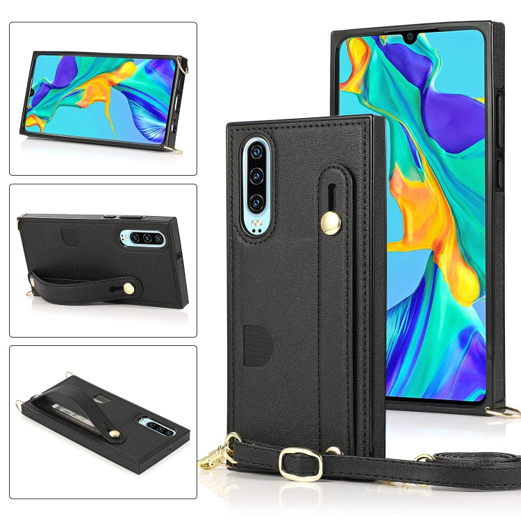 For Huawei P30 Wrist Strap PU+TPU Shockproof Protective Case with Crossbody Lanyard & Holder & Card Slot