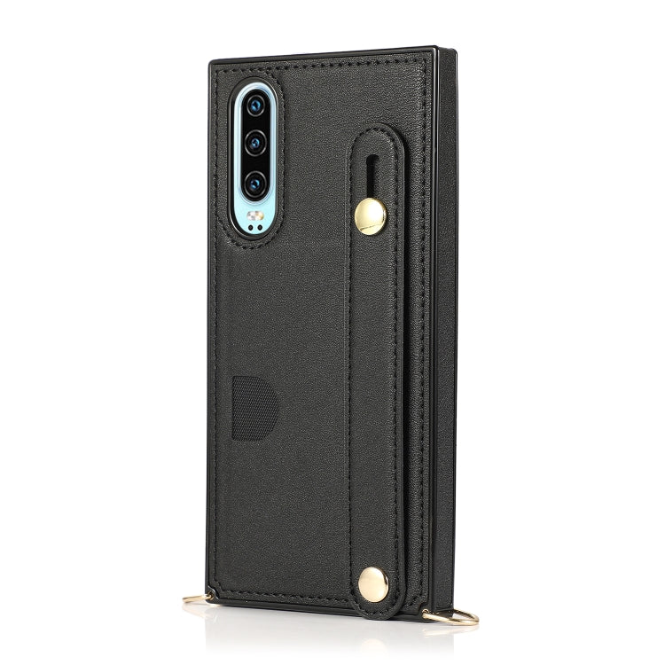 For Huawei P30 Wrist Strap PU+TPU Shockproof Protective Case with Crossbody Lanyard & Holder & Card Slot