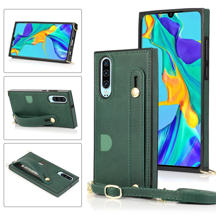 For Huawei P30 Wrist Strap PU+TPU Shockproof Protective Case with Crossbody Lanyard & Holder & Card Slot