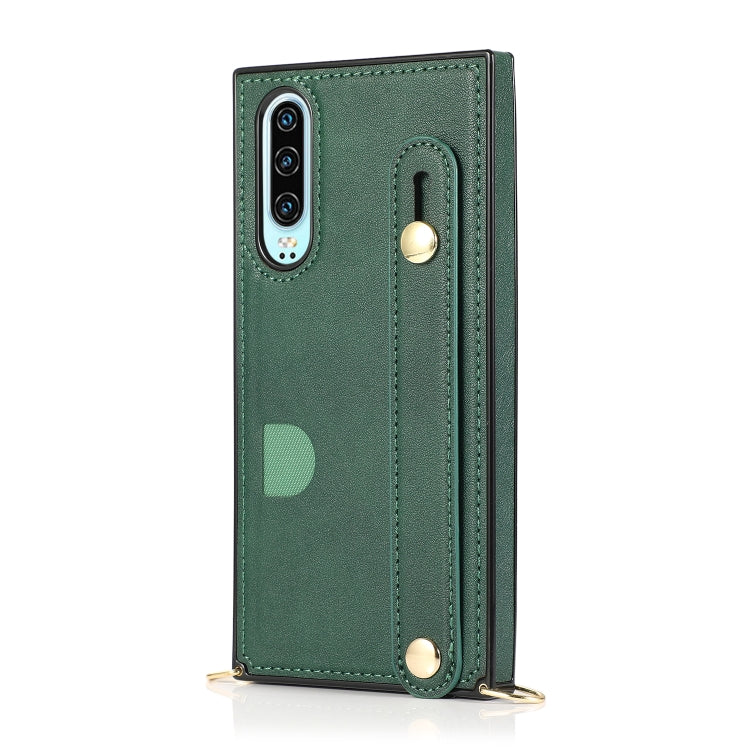 For Huawei P30 Wrist Strap PU+TPU Shockproof Protective Case with Crossbody Lanyard & Holder & Card Slot