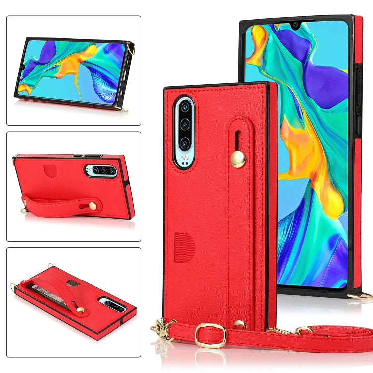 For Huawei P30 Wrist Strap PU+TPU Shockproof Protective Case with Crossbody Lanyard & Holder & Card Slot