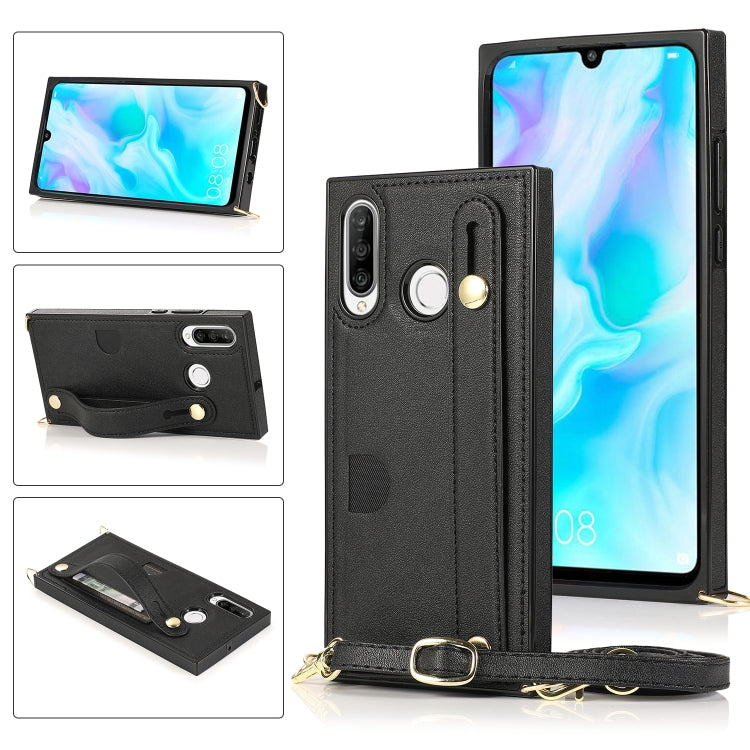 For Huawei P30 Lite Wrist Strap PU+TPU Shockproof Protective Case with Crossbody Lanyard & Holder & Card Slot