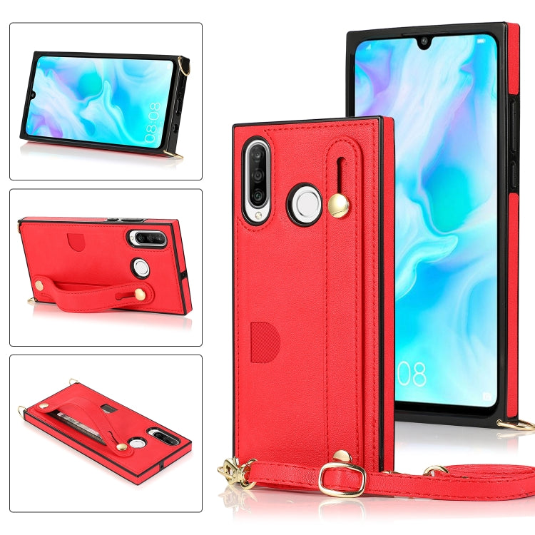 For Huawei P30 Lite Wrist Strap PU+TPU Shockproof Protective Case with Crossbody Lanyard & Holder & Card Slot