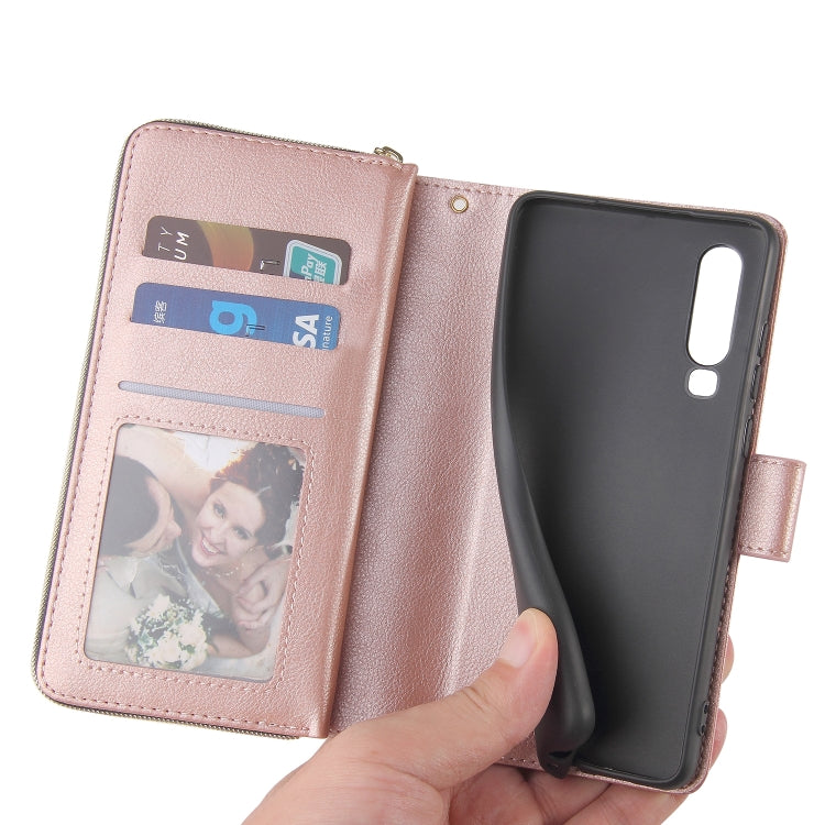 For Huawei P30 Zipper Wallet Bag Horizontal Flip PU Leather Case with Holder & 9 Card Slots & Wallet & Lanyard & Photo Frame