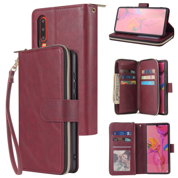 For Huawei P30 Zipper Wallet Bag Horizontal Flip PU Leather Case with Holder & 9 Card Slots & Wallet & Lanyard & Photo Frame