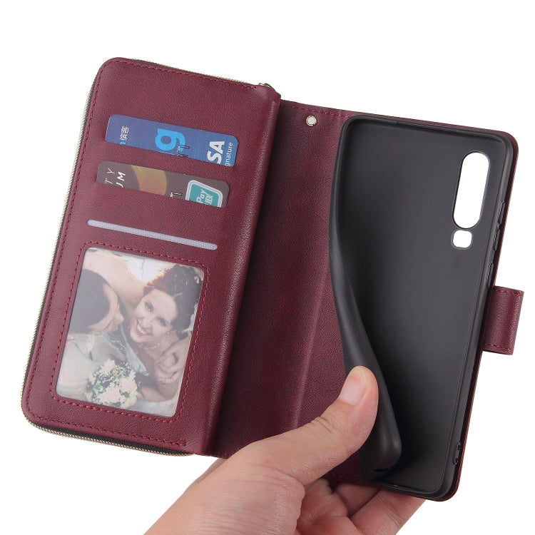 For Huawei P30 Zipper Wallet Bag Horizontal Flip PU Leather Case with Holder & 9 Card Slots & Wallet & Lanyard & Photo Frame