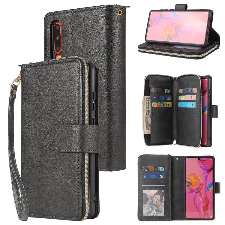 For Huawei P30 Zipper Wallet Bag Horizontal Flip PU Leather Case with Holder & 9 Card Slots & Wallet & Lanyard & Photo Frame