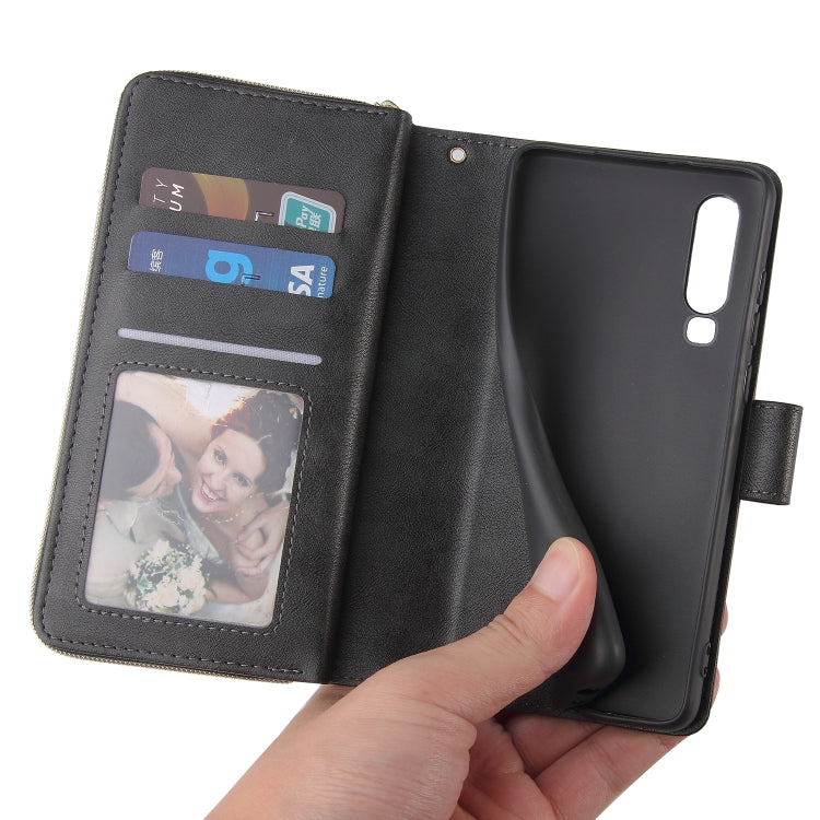 For Huawei P30 Zipper Wallet Bag Horizontal Flip PU Leather Case with Holder & 9 Card Slots & Wallet & Lanyard & Photo Frame