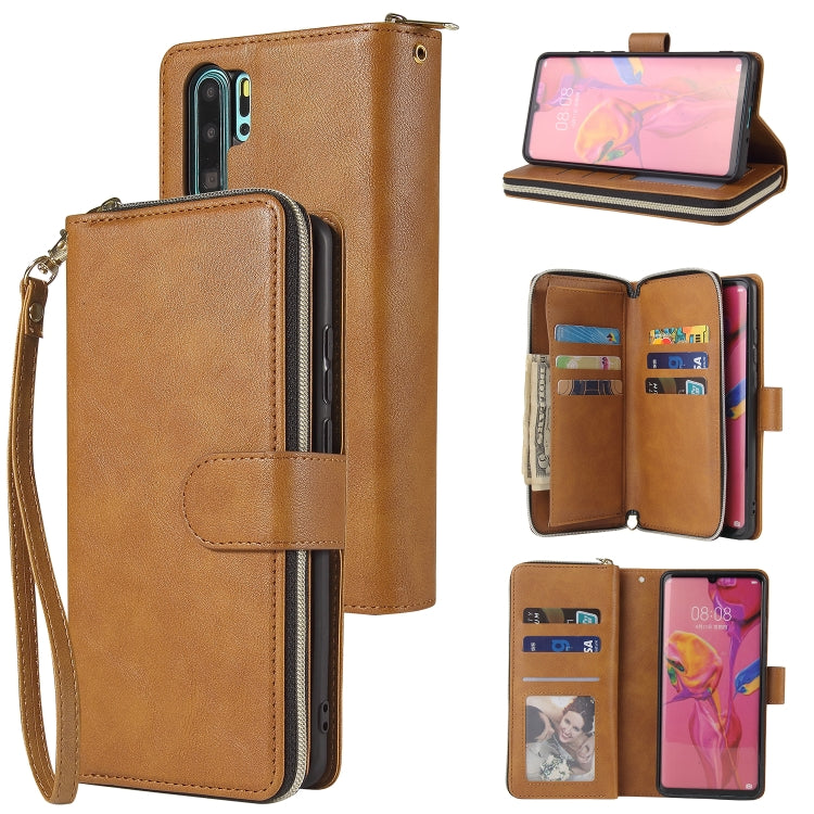 For Huawei P30 Pro Zipper Wallet Bag Horizontal Flip PU Leather Case with Holder & 9 Card Slots & Wallet & Lanyard & Photo Frame