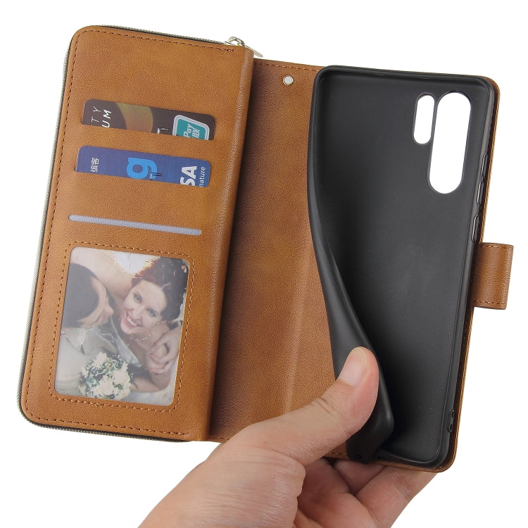 For Huawei P30 Pro Zipper Wallet Bag Horizontal Flip PU Leather Case with Holder & 9 Card Slots & Wallet & Lanyard & Photo Frame