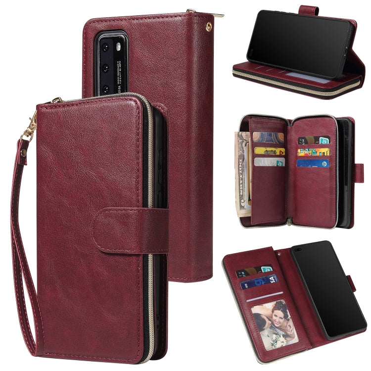 For Huawei P40 Zipper Wallet Bag Horizontal Flip PU Leather Case with Holder & 9 Card Slots & Wallet & Lanyard & Photo Frame