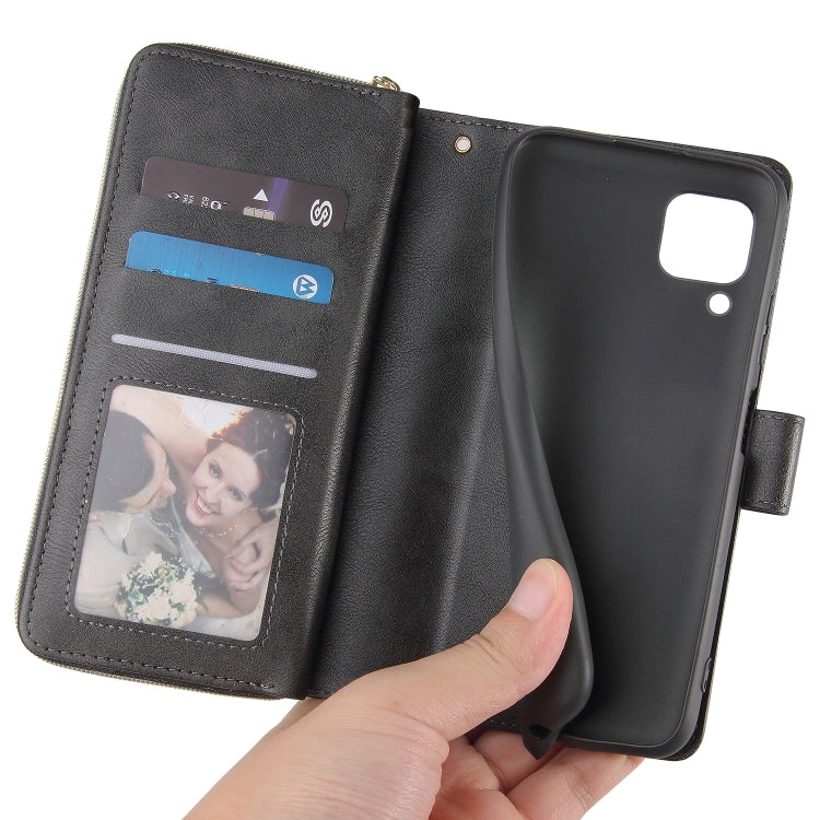For Huawei P40 Lite Zipper Wallet Bag Horizontal Flip PU Leather Case with Holder & 9 Card Slots & Wallet & Lanyard & Photo Frame