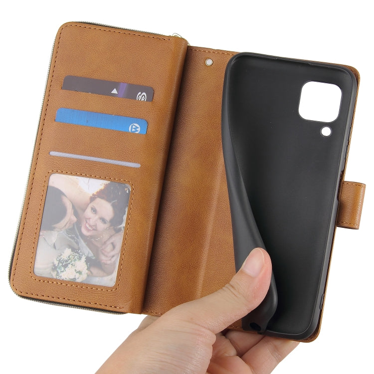 For Huawei P40 Lite Zipper Wallet Bag Horizontal Flip PU Leather Case with Holder & 9 Card Slots & Wallet & Lanyard & Photo Frame