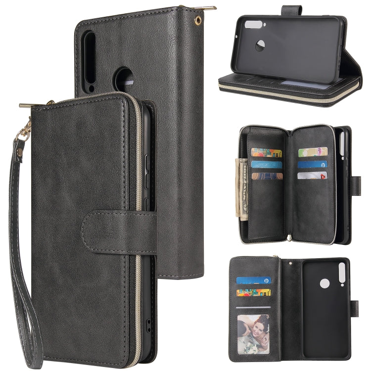 For Huawei P40 Lite E Zipper Wallet Bag Horizontal Flip PU Leather Case with Holder & 9 Card Slots & Wallet & Lanyard & Photo Frame