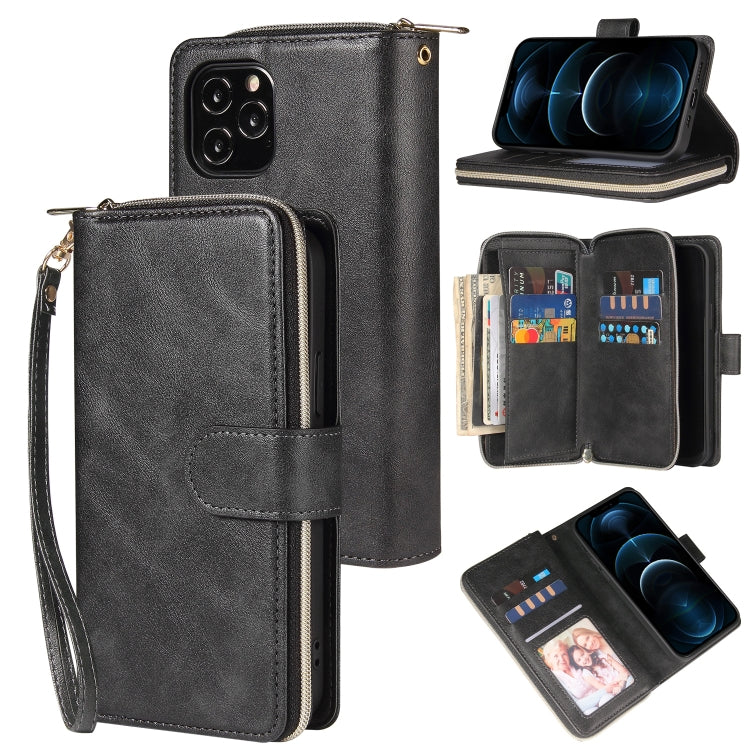 For iPhone 12 Pro Max Zipper Wallet Bag Horizontal Flip PU Leather Case with Holder & 9 Card Slots & Wallet & Lanyard & Photo Frame