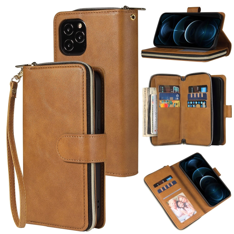 For iPhone 12 Pro Max Zipper Wallet Bag Horizontal Flip PU Leather Case with Holder & 9 Card Slots & Wallet & Lanyard & Photo Frame
