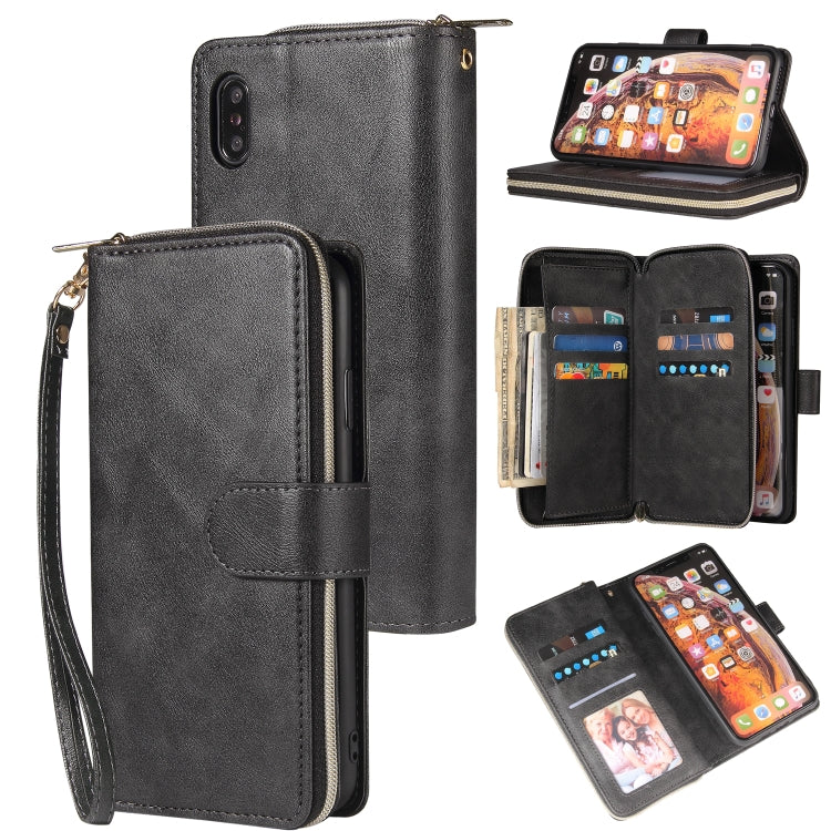 For iPhone XR Zipper Wallet Bag Horizontal Flip PU Leather Case with Holder & 9 Card Slots & Wallet & Lanyard & Photo Frame