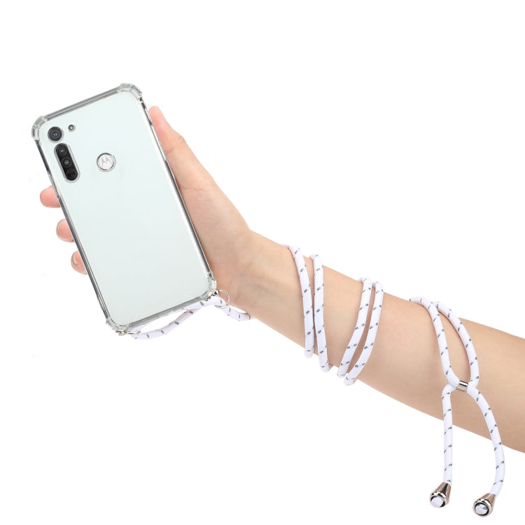 For Motorola Moto G8 Four-Corner Anti-Fall Transparent TPU Protective Case with Lanyard