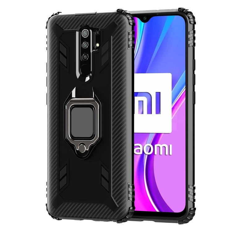 For Xiaomi Redmi 9 Prime Carbon Fiber Protective Case with 360 Degree Rotating Ring Holder(Black)