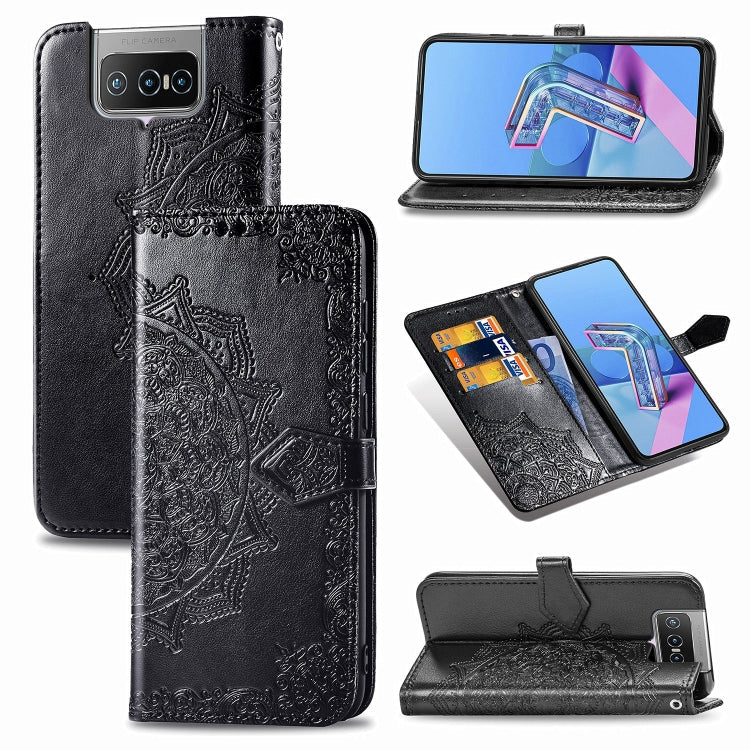 For Asus Zenfone 7 ZS670KS Embossed Mandala Pattern TPU + PU Horizontal Flip Leather Case with Holder & Three Card Slots & Wallet
