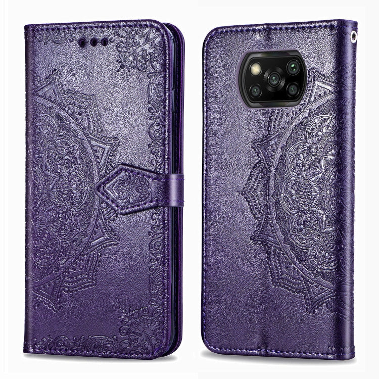 For Xiaomi Poco X3 NFC Embossed Mandala Pattern TPU + PU Horizontal Flip Leather Case with Holder & Three Card Slots & Wallet