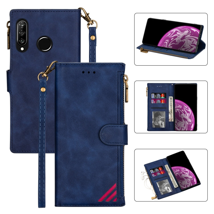 For Huawei P30 Lite Zipper Multi-card Slots Horizontal Flip PU Leather Case with Holder & Card Slots & Wallet & Lanyard & Photo Frame