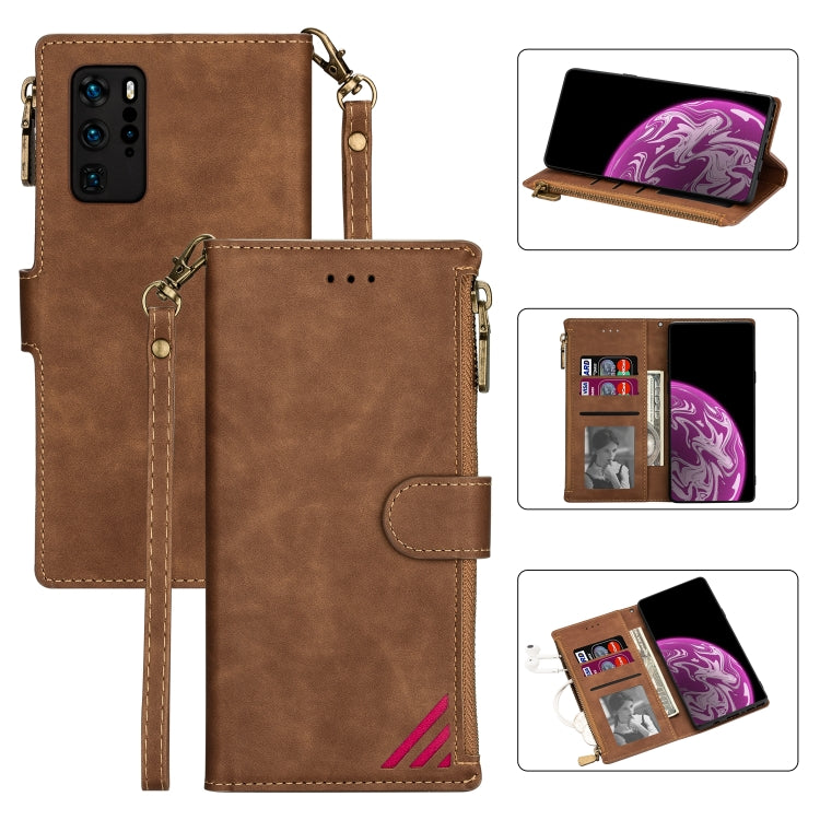 For Huawei P40 Zipper Multi-card Slots Horizontal Flip PU Leather Case with Holder & Card Slots & Wallet & Lanyard & Photo Frame