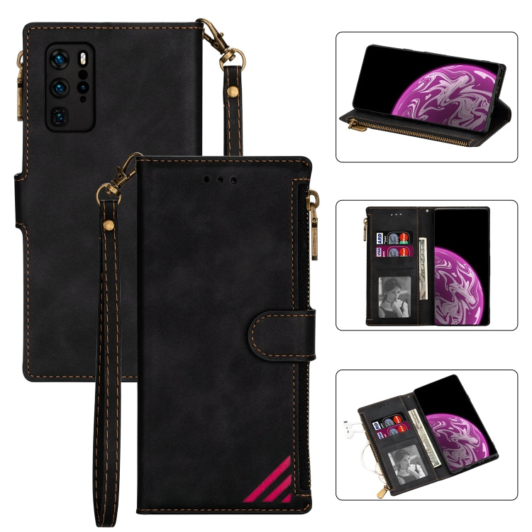 For Huawei P40 Pro Zipper Multi-card Slots Horizontal Flip PU Leather Case with Holder & Card Slots & Wallet & Lanyard & Photo Frame